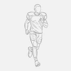 Line drawing of an American football player in uniform running forward with determination.