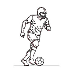 Continuous line drawing of an athlete wearing a football helmet while dribbling a soccer ball.