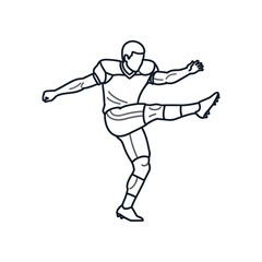 Line art illustration of an American football player in a dynamic kicking pose, wearing a uniform with shoulder pads and cleats.