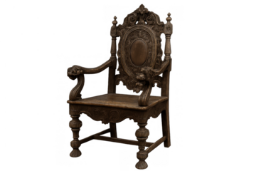 Ornate carved antique wooden chair depicting historical elegance and vintage luxury, brown regal furniture on transparent background