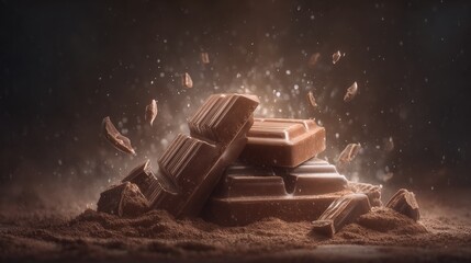 Dark chocolate bars are stacked, surrounded by a cloud of cocoa powder. Shards of chocolate float in the air, highlighting a moment of indulgence. The scene appears warm and inviting.
