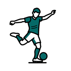 Illustration of a soccer player kicking a ball with one leg extended.