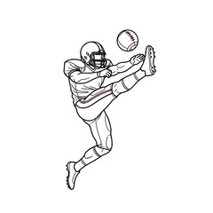 American football player kicking a ball, black and white line art.