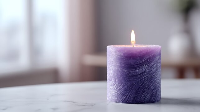 Close-up of a Lit Textured Purple Pillar Candle / 灯されたテクスチャーのある紫色のピラーキャンドルの接写
