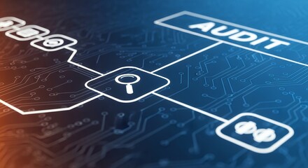Abstract digital circuit board with illuminated icons representing audit process data analysis and financial transactions conveying concepts of technology and financial scrutiny finance