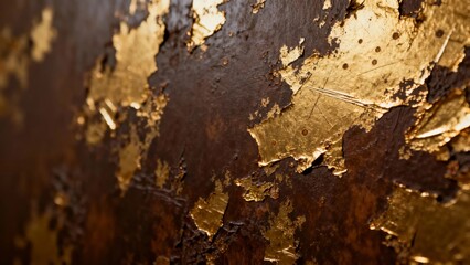 Close-up of weathered metallic surface with peeling golden paint and rust