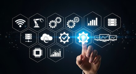 Digital technology icons displayed in hexagons featuring wifi robotic arm gears server cloud chip monitors and a hand touching a glowing gear Innovation Network Computer Data Machine