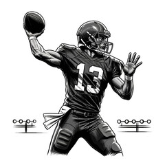 A black and white illustration of a football quarterback in uniform throwing a football.
