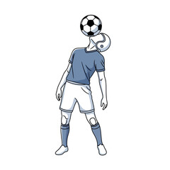 A stylized illustration of a soccer player balancing a black and white football on their head, depicted in a simple line art style with blue and white colors.