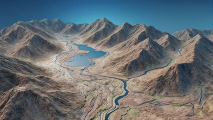 Aerial view of a rugged mountainous landscape with a lake and rivers flowing through valleys