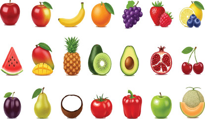 A vibrant collection of fresh ripe and colorful fruits arranged in rows on a clean white background
