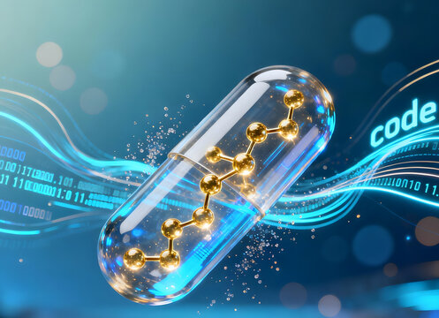 Futuristic Digital Medicine Capsule with Molecular Structure and Code Elements