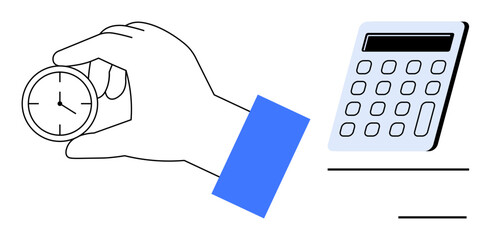 Hand gripping a clock beside a calculator, with clean lines and minimalist style. Ideal for productivity, finance, time tracking, budgeting, business efficiency, work-life balance, simple flat