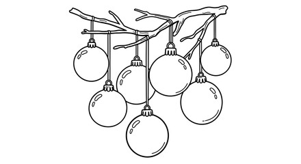 Seven christmas ornaments hanging from a branch in a simple black and white line drawing style