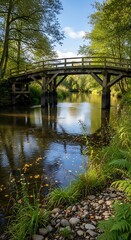 Fototapeta premium Wooden footbridge over a tranquil river in a lush green forest.