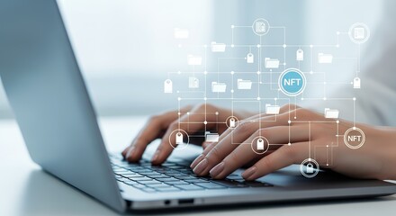 Close up of hands typing on a laptop keyboard with a digital network overlay showing NFT icons and document symbols nonfungible token digital art blockchain cryptocurrency technology