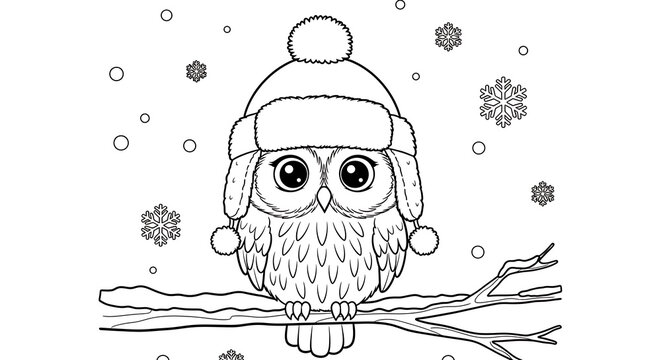An owl wearing a winter hat sits on a branch during a snowfall coloring page illustration