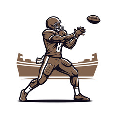 Football player catching a pass in front of a stadium.