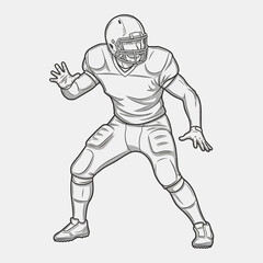 Detailed black and white line drawing of an American football player in a ready stance, wearing full uniform.