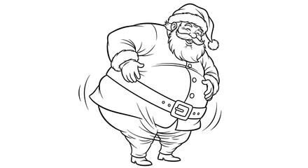 Cartoon santa claus with a big belly wearing a santa hat and suit in a black and white illustration