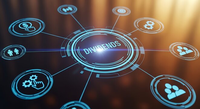 Digital network diagram with central Dividends text and connected icons representing people finance and gears with a glowing effect Investment Growth Economy Money Profit Share Income