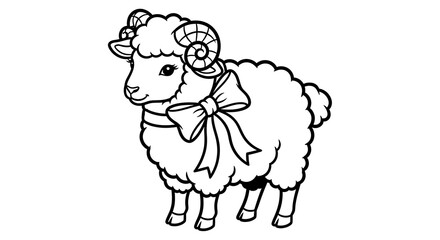 Fototapeta premium A cute cartoon sheep with curly horns and a bow tie in black and white line art illustration
