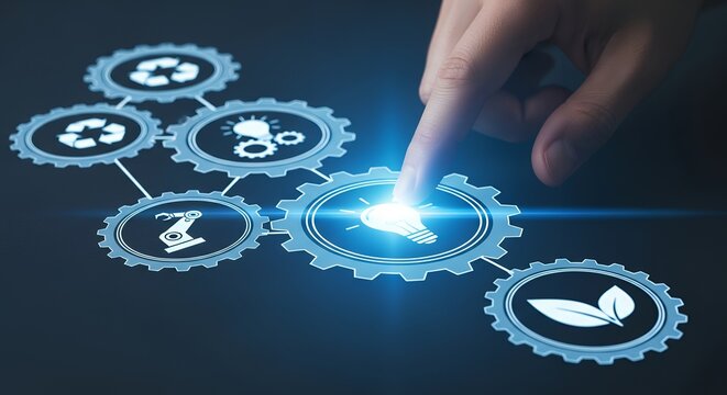 Finger touching glowing lightbulb gear within interconnected system of industrial robot recycling symbols and eco friendly leaves on dark background idea innovation technology business