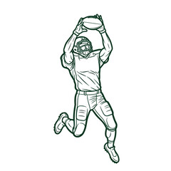 A black and white line drawing of an American football player in mid-air, reaching up to catch a football.