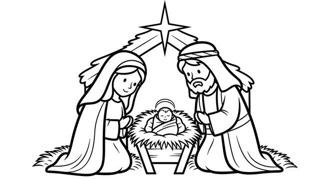 Black and white nativity scene with mary joseph and baby jesus under a star in a manger drawing