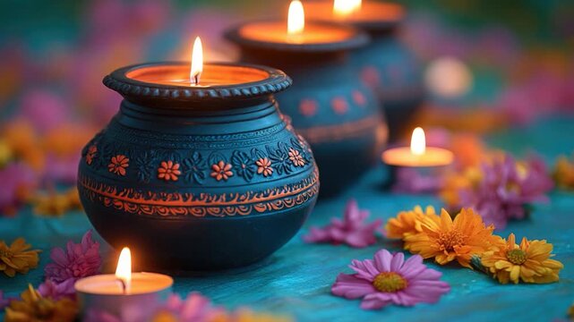 A group of candles sitting on top of a blue table, great for various occasions and decorative purposes