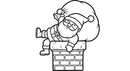 Cartoon santa claus stuck in a chimney with a sack of gifts in black and white outline drawing style