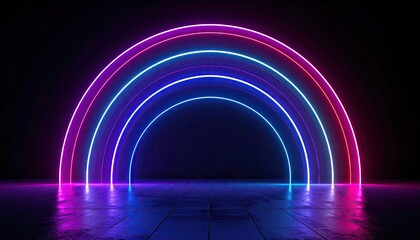 Neon arches glow brightly on dark tile