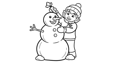 A child building a snowman with a carrot for the nose and wearing a winter hat and gloves outline