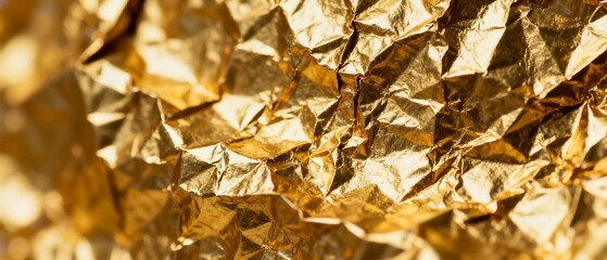 Close-up of crumpled golden foil with reflective surface and textured folds