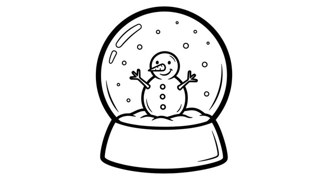 Illustration of a snow globe with a snowman inside and snowflakes falling around it in black and white