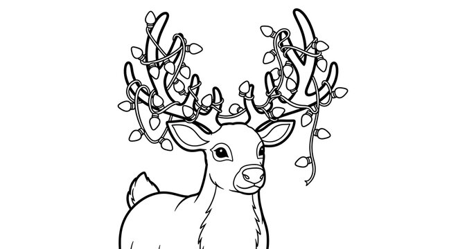 Illustration of a reindeer with christmas lights wrapped around its antlers in black and white line art