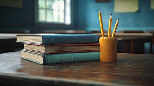 Colorful Pencils and Books on a Rustic Classroom Table Setup