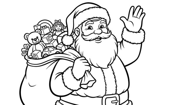 Santa claus waving with a sack full of toys in a black and white outline drawing for coloring books