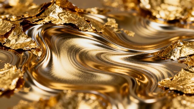 Liquid gold with flowing metallic texture and golden leaf fragments