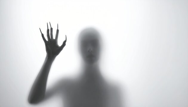 Shadowy figure with claw-like hand behind frosted glass