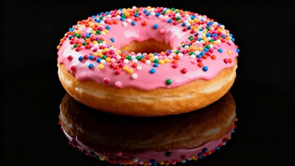  Vibrant Pink Glazed Donut with Rainbow Sprinkles Reflected on Black Background