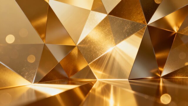 Golden geometric triangular pattern with reflective surface and light effects