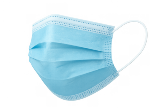 Blue medical face mask providing respiratory personal protection against viral infections and disease, transparent background