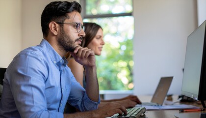 Focused Professionals: A focused man and woman collaborating in a modern office, engrossed in their work at computer. showing dedicated concentration and professional collaboration.