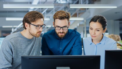 Focused Collaboration: Three professionals engrossed in a close examination of computer, symbolizing the power of teamwork and technological prowess.