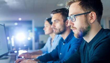 Tech Minds at Work: Capturing the spirit of collaboration, focus, and innovation, this image portrays three individuals engrossed in their work at computers in a modern office.