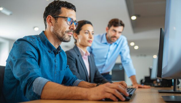 Focused Collaboration: Three professionals, immersed in concentrated work, engage in a critical discussion around a computer, signifying intense focus and cooperative effort.