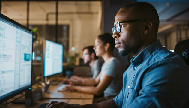 Focused Professionals at Work: A team of dedicated individuals, bathed in the glow of computer monitors, intensely focus on their tasks, illuminated by the ambient glow of the office environment. 