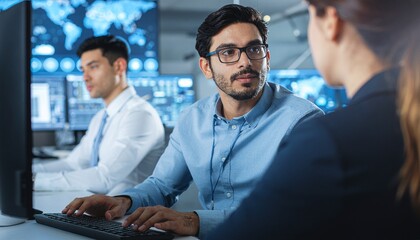 Information Security Team Collaboration: Professional information security team members collaborate in a modern, technology-filled environment, focused on data analysis and cyber protection