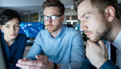 Focused minds at Work: A team of dedicated professionals huddled around a computer screen in a dimly lit office space, their expressions focused as they work together.
